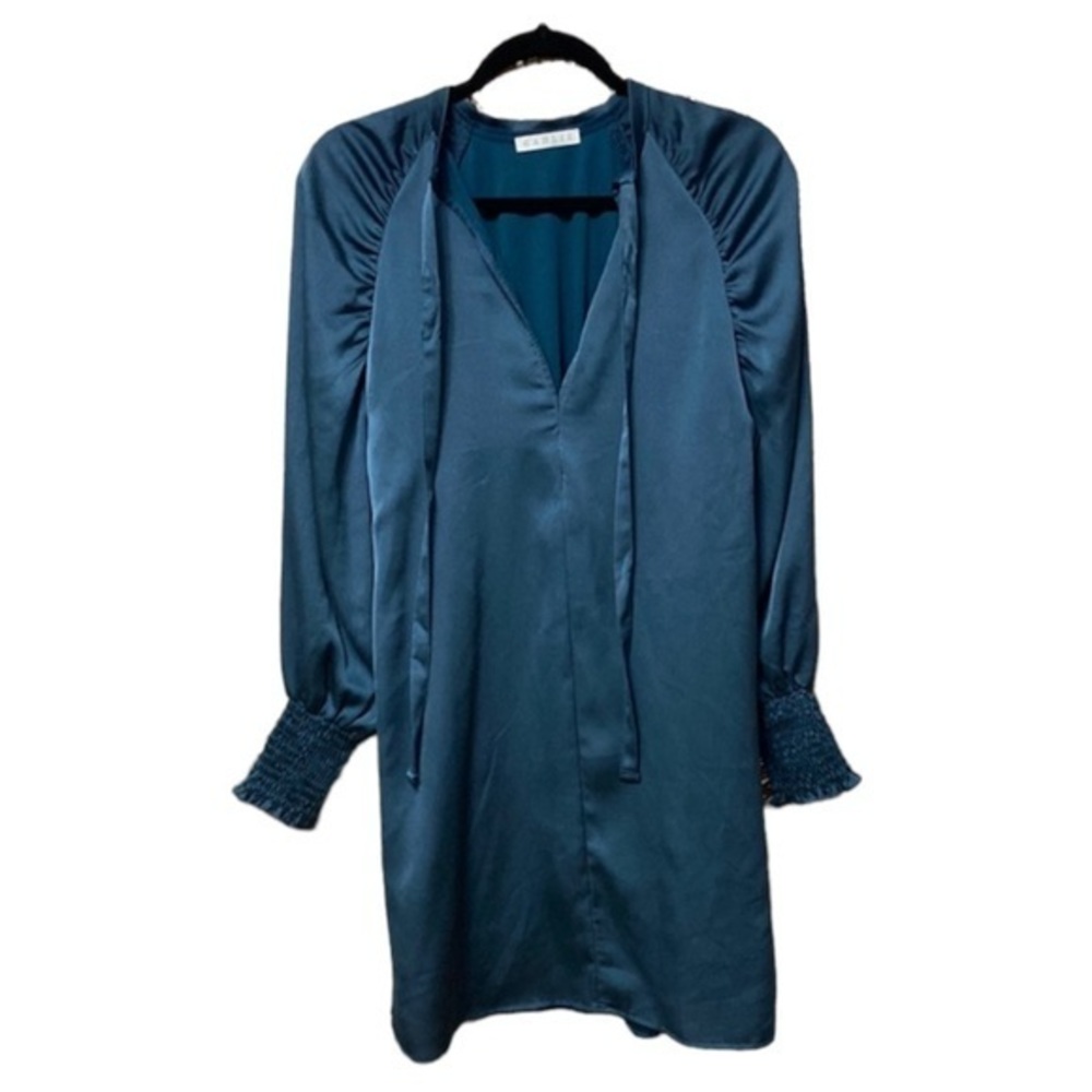 Karlie Mini Dress Women Small Teal Solid Satin Tie Neck Smocked Cuff Shift